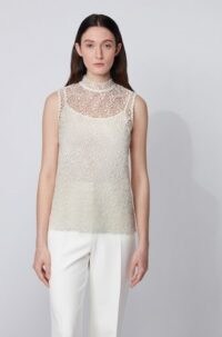HUGO BOSS Floral-lace sleeveless top with stand collar – sheer overlay high neck tops