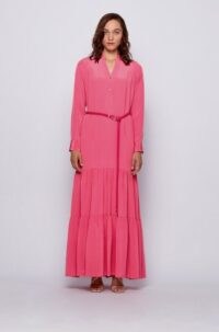 HUGO BOSS Maxi dress in silk georgette with hardware-trimmed belt in pink – long tiered dresses