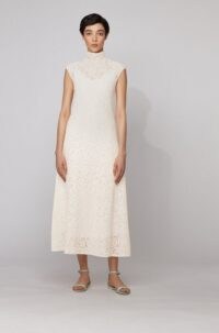 HUGO BOSS Midi dress in floral lace with mock neckline in white – semi sheer overlay dresses – high neck