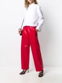 Kylie Jenner red leather trousers, out in LA, 11 August 2020, Bottega Veneta palazzo pants | celebrity street fashion | star style clothing