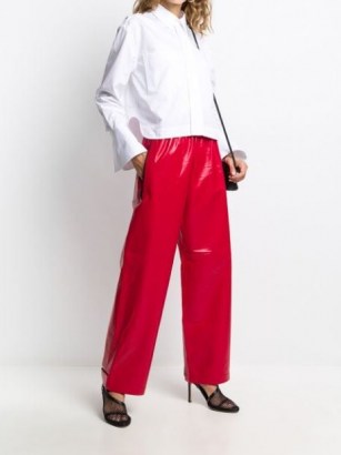 Kylie Jenner red leather trousers, out in LA, 11 August 2020, Bottega Veneta palazzo pants | celebrity street fashion | star style clothing - flipped