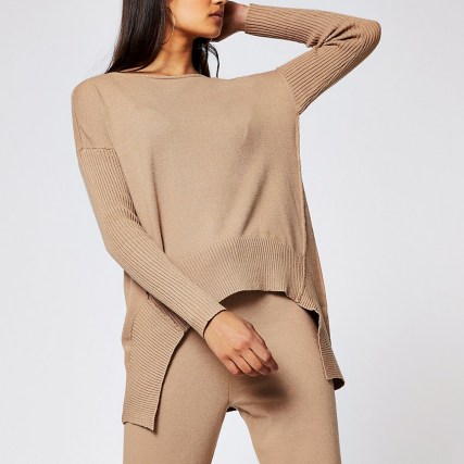 river island Brown long sleeve jumper ~ part ribbed jumpers ~ loungewear tops ~ high low hem pullover ~ casual fashion - flipped