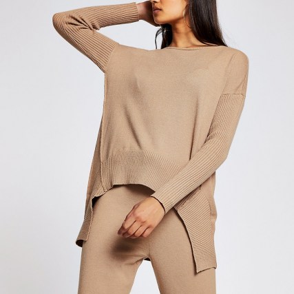 river island Brown long sleeve jumper ~ part ribbed jumpers ~ loungewear tops ~ high low hem pullover ~ casual fashion