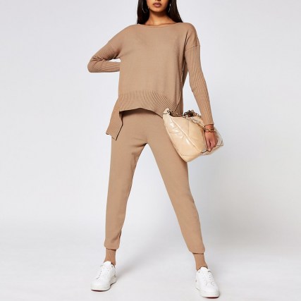 RIVER ISLAND Brown slim fit knitted jogger ~ cuffed joggers ~ jogging bottoms ~ casual pants ~ loungewear - flipped