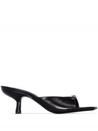 BY FAR Erin 50mm crystal-buckle mules in black – leather sculpted heel mule – square toe slip on sandal