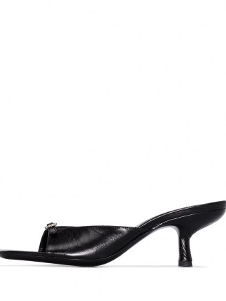 BY FAR Erin 50mm crystal-buckle mules in black – leather sculpted heel mule – square toe slip on sandal - flipped
