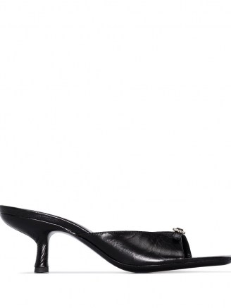 BY FAR Erin 50mm crystal-buckle mules in black – leather sculpted heel mule – square toe slip on sandal