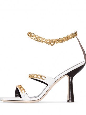 BY FAR Gina 100mm chain-trim sandals in white – leather ankle chain high heels – sculpted heels - flipped