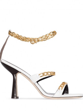 BY FAR Gina 100mm chain-trim sandals in white – leather ankle chain high heels – sculpted heels