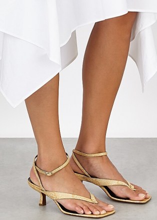 BY FAR Mindy 80 python-effect leather sandals in yellow / ankle strap sandal with toe post - flipped