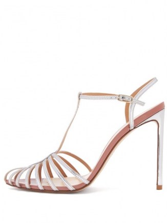 FRANCESCO RUSSO Caged leather stiletto sandals in silver / metallic t-bar sandal / stilettos / strappy high heels - flipped