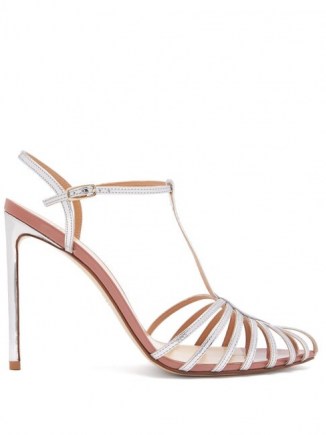 FRANCESCO RUSSO Caged leather stiletto sandals in silver / metallic t-bar sandal / stilettos / strappy high heels