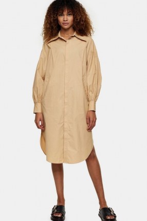 TOPSHOP Camel Oversized Midi Shirt Dress ~ curved hem dresses - flipped