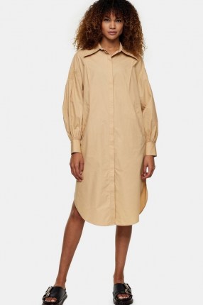 TOPSHOP Camel Oversized Midi Shirt Dress ~ curved hem dresses