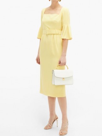 BEULAH Camellia belted wool-crepe dress in yellow ~ vintage look clothing ~ square neck ladylike dresses - flipped