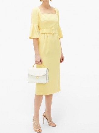 BEULAH Camellia belted wool-crepe dress in yellow ~ vintage look clothing ~ square neck ladylike dresses