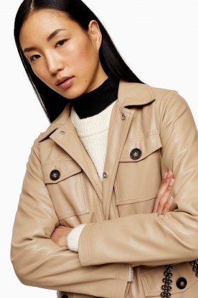 TOPSHOP Caramel Brown Faux Leather Tie Shirt ~ luxury look shirts ~ utility style shacket - flipped