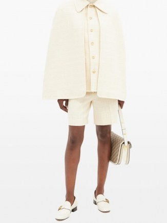 GUCCI Ivory chain-embellished cotton-blend tweed cape jacket ~ neutral point collar capes - flipped