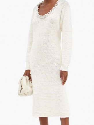 BOTTEGA VENETA Chain-neck knitted cotton-blend dress in ivory / chunky chain embellished dresses / chic knits / necklace attached clothing - flipped