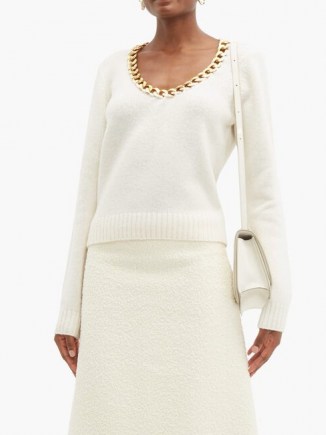 BOTTEGA VENETA Chain-trim scoop-neck wool sweater in cream / necklace attached sweaters / embellished knitwear / chunky chains - flipped