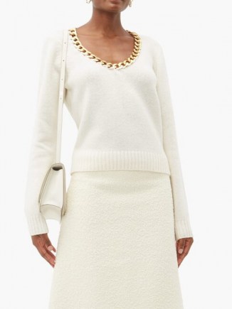 BOTTEGA VENETA Chain-trim scoop-neck wool sweater in cream / necklace attached sweaters / embellished knitwear / chunky chains
