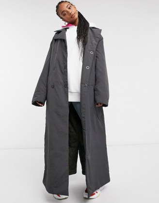 COLLUSION wadded belted trench in charcoal | maxi waist tie coats