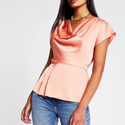RIVER ISLAND Coral Ss Cowl Neck Top – short sleeve satin look tops