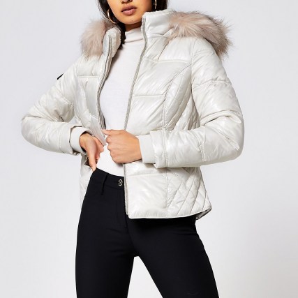 RIVER ISLAND Cream quilted double zip padded coat ~ faux fur trimmed hoods ~ hooded winter jacket ~ belted jackets - flipped