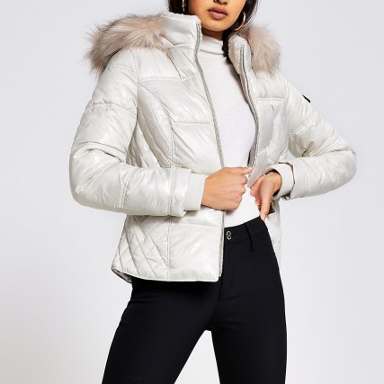 RIVER ISLAND Cream quilted double zip padded coat ~ faux fur trimmed hoods ~ hooded winter jacket ~ belted jackets