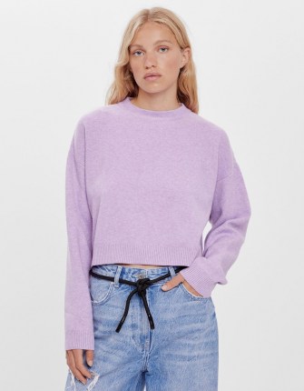 Bershka Cropped long sleeve sweater Violet | crop hem jumper | crew neck sweaters | drop shoulder lilac jumper - flipped