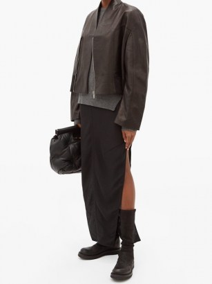 RICK OWENS Cropped-hem asymmetric leather bomber jacket in black | designer casual jackets