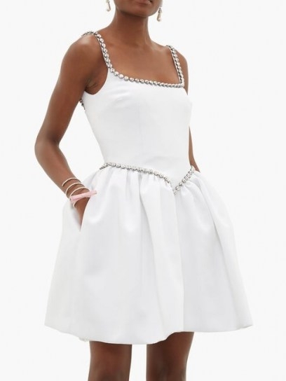 CHRISTOPHER KANE Cupcake crystal-embellished white satin mini dress ~ structured clothing ~ fitted bodice with voluminous skirt