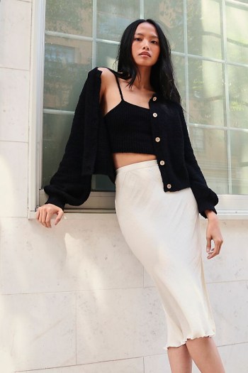 Hailey Bieber black crop top and matching cardigan, Free People Franny Top Set, on Instagram, 30 July 2020 | celebrity social media style | models off duty fashion