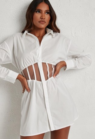dani michelle x missguided white mesh insert corset mini dress | waist detail shirt dresses - flipped
