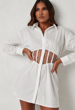 dani michelle x missguided white mesh insert corset mini dress | waist detail shirt dresses