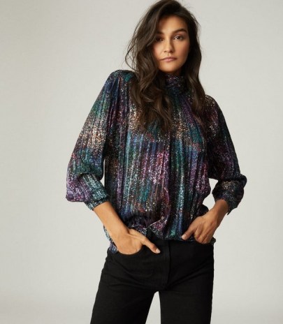 REISS DARCEY METALLIC HIGH NECK BLOUSE BLACK ~ multicoloured blouses
