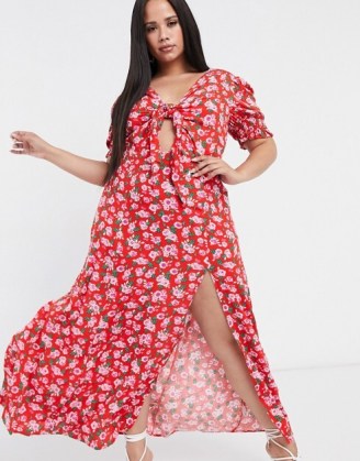 Dark Pink Plus thigh split maxi dress with puff sleeve in red rose print – ASOS does it again with a stylish dress that is perfect for hot weather and the summer months