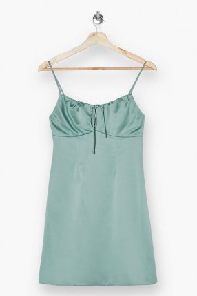 TOPSHOP Dark Sage Gathered Bust Mini Slip Dress – green spaghetti strap dresses - flipped