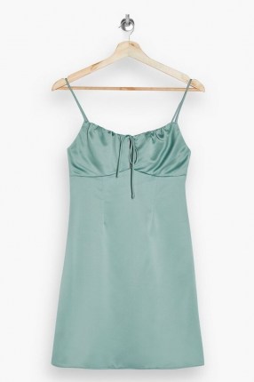 TOPSHOP Dark Sage Gathered Bust Mini Slip Dress – green spaghetti strap dresses