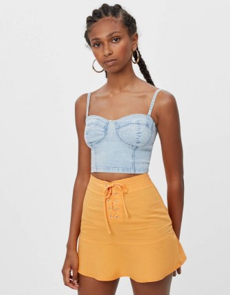 Bershka Denim corset top Blue | skinny strap fitted tops | bustier style fashion