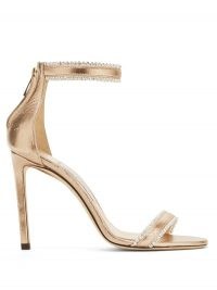 JIMMY CHOO Dochas 100 crystal-trimmed leather sandals in rose gold ~ metallic barely there evening heels ~ evening footwear ~ luxe high heel party shoes