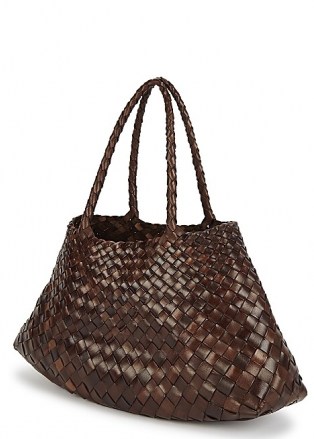 DRAGON DIFFUSION Santa Croce dark brown leather top handle bag ~ woven style handbags ~ weave design bags ~ two handle open top handbag - flipped
