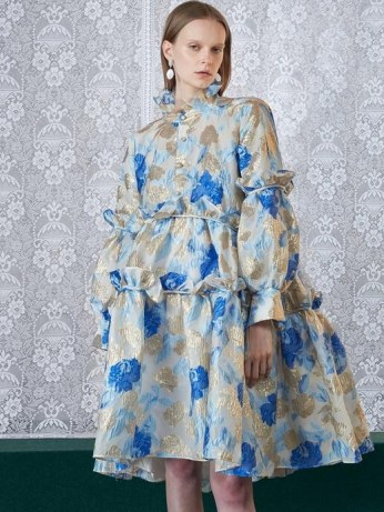 SISTER JANE DREAM Double Stitch Tiered Midi Dress Blue and Silver ~ voluminous dresses ~ romantic fashion ~ feminine clothing ~ ruffled high neck ~ romance - flipped