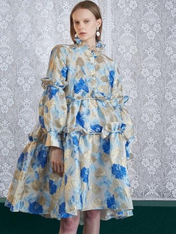 SISTER JANE DREAM Double Stitch Tiered Midi Dress Blue and Silver ~ voluminous dresses ~ romantic fashion ~ feminine clothing ~ ruffled high neck ~ romance