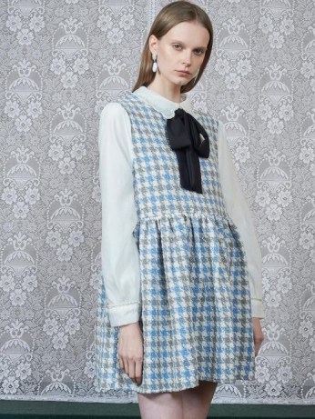 DREAM Weave Away Tweed Smock Dress in Aquamarine, Ivory / houndstooth pinafore dresses / dogtooth checks / preppy pinafores - flipped