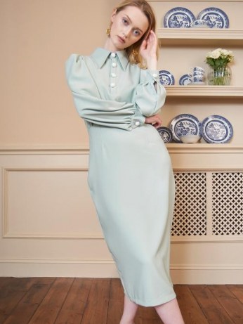 SISTER JANE Sorbet Midi Pencil Dress Hemlock Green ~ oversized pointed collar dresses ~ puff sleeve fashion - flipped