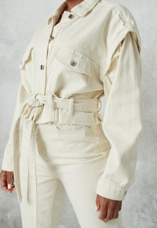 MISSGUIDED ecru co ord raw edge belted cropped denim jacket ~ crop raw hem jackets ~ weekend outerwear ~ casual look