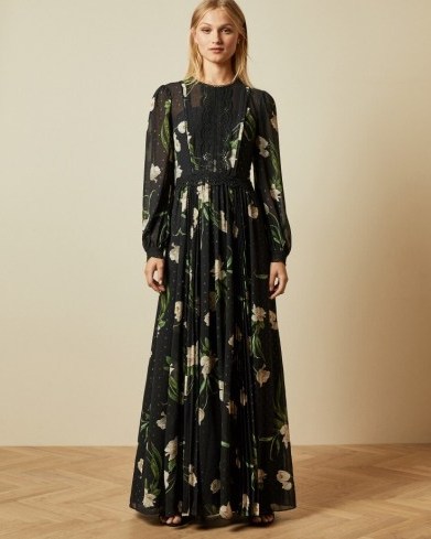 TED BAKER DEENHA Elderflower maxi dress in black / romantic floral occasion dresses - flipped