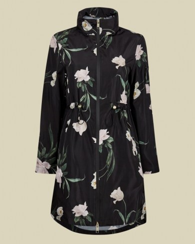 TED BAKER ORRIANA Elderflower packaway rain mac in black / high neck floral macs / rainwear
