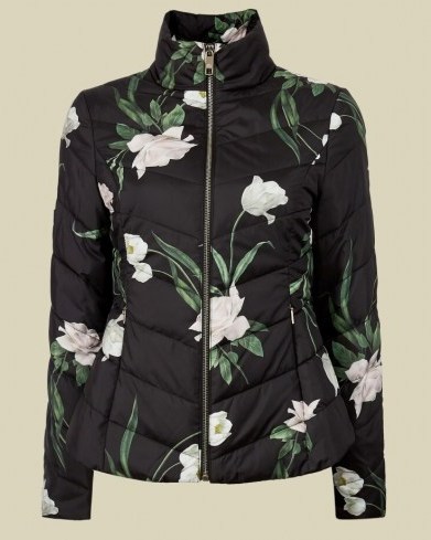 ADAENA Elderflower padded packaway jacket in black / floral quilted funnel neck jackets - flipped